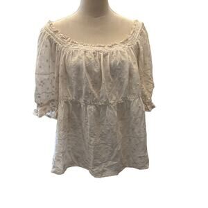 Old Navy Puff Sleeve Smocked Embroidered Babydoll Blouse Size Large Cream
